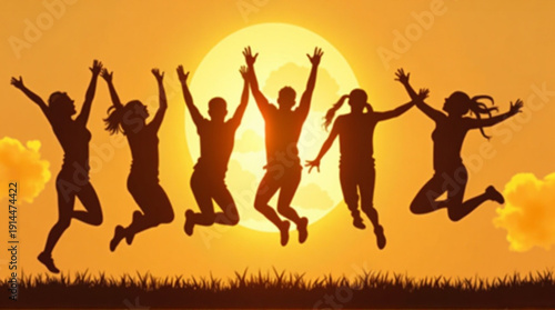 Friends jumping happily together at sunset outdoors
