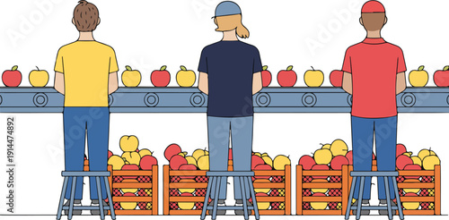 Factory Production Line with Workers Sorting Packaged Food Boxes Industrial Assembly Process Teamwork Manufacturing Workflow Flat Vector Illustration