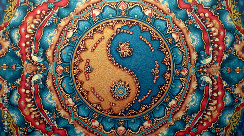 Vibrant yin yang symbol with intricate floral patterns and bold colors