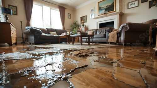 Close-up of a flooded living room floor displaying the extensive damage caused by a water leak to furniture and flooring.