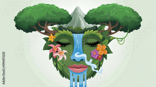 A mystical face in the forest with a waterfall cascading down its nose