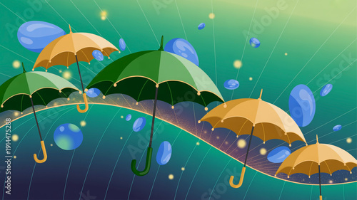 A vibrant scene of umbrellas floating in a colorful, dreamy landscape