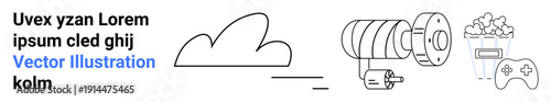 Cloud technology, streaming services, online gaming, data storage, visual content, technology-based entertainment. Outline icons of a cloud, camera reel popcorn and game controller. Cloud