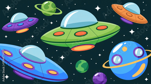 Colorful and whimsical alien spaceships floating in outer space with planets and stars