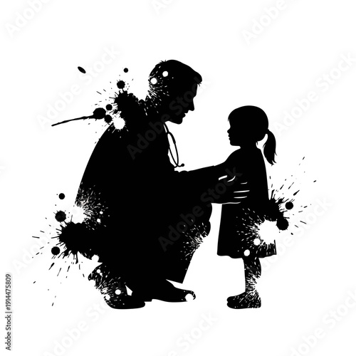 Doctor comforting child silhouette with ink splashes