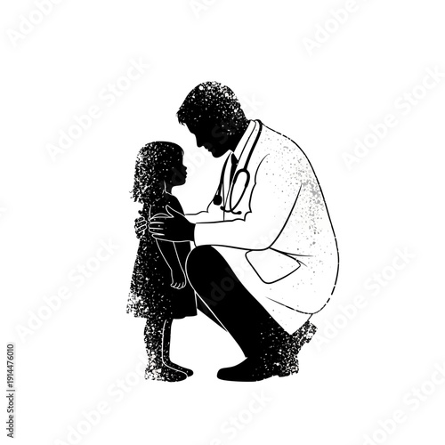 Doctor with stethoscope comforting young child silhouette