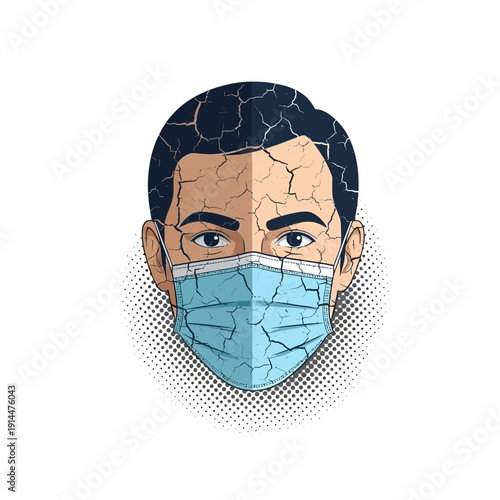 Man wearing face mask, cracked skin texture, healthcare concept