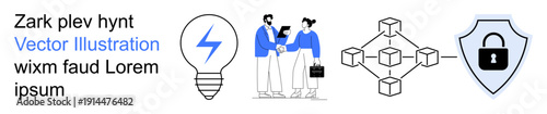 Technology security, blockchain systems, network collaboration, business innovation, data encryption, teamwork. Lightbulb, people with tablet blockchain network and secured shield. Technology