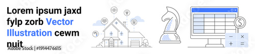 Home buying, property investment, financial planning, digital tools, budgeting, management. Line art of house, chess knight and financial computer screen. Property investment and financial planning