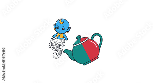 Blue Genie Emerging from Teapot Illustration.