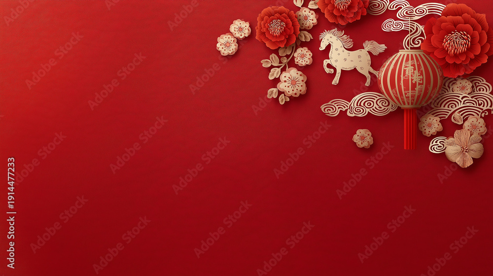 Obraz premium Chinese New Year Red Background with Paper Cut Flowers Lantern and Year of the Horse Copy Space
