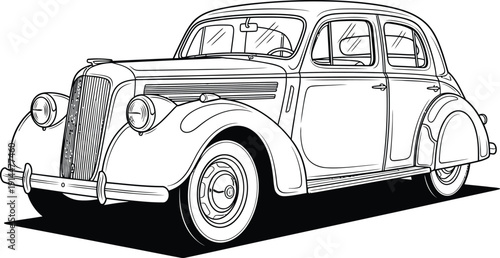 Classic 1930s fourdoor sedan car in a detailed black and white line art illustration.