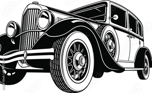 Classic 1930s sedan car with whitewall tires in a bold black and white vector illustration.