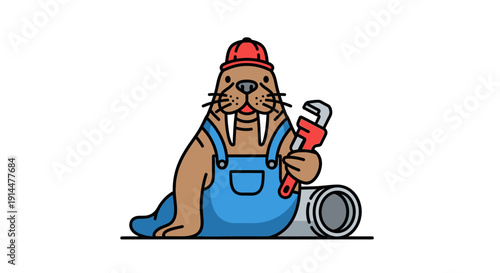 Cartoon Beaver in Overalls Holding Wrench.