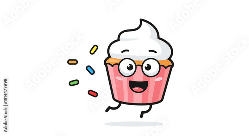 Cartoon Cupcake Character with Glasses Running.
