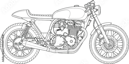 Classic cafe racer motorcycle side profile Detailed black and white line art illustration of a custom vintage bike.