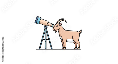 Goat Looking Through Telescope Cartoon Illustration.