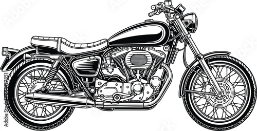 Classic cruiser motorcycle in a detailed black and white handdrawn engraving style.