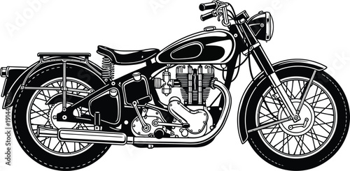 Classic vintage motorcycle in a detailed black and white line art illustration side profile view.