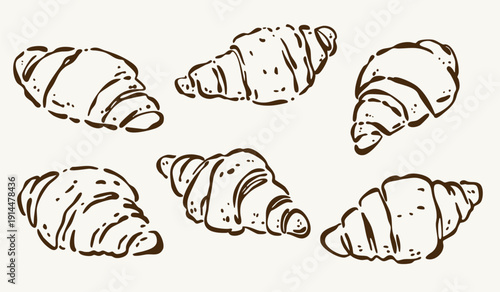 Hand-Drawn Croissant Set in Brown Line Art on Cream Background