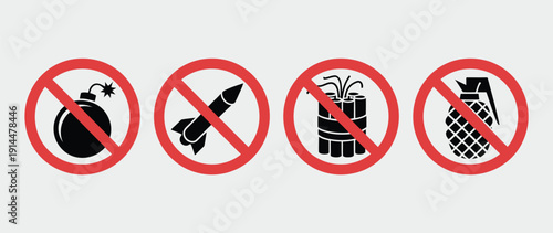 No bomb, no missile, no dynamite, no grenade vector icon collection, featuring prohibition and ban signs, ideal for hazard warnings, public safety instructions, security alerts, emergency response
