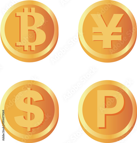 Icon Set of Major Currencies and Bitcoin. Image for Asset Management, Exchange, and Point Investment
