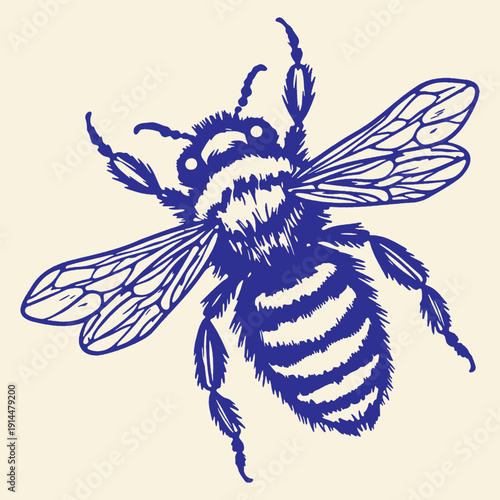 Detailed blue illustration of a fuzzy bumblebee flying, showing texture and wings, suitable for nature and insect themes