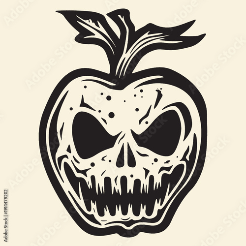 Spooky black and white illustration of a demonic apple with a skull face, perfect for Halloween or horror themes