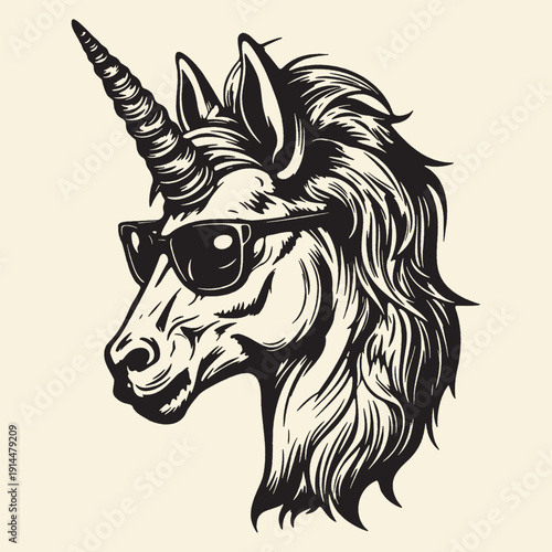 Cool unicorn with sunglasses and a flowing mane, black and white vector illustration, representing fantasy, magic, and individuality