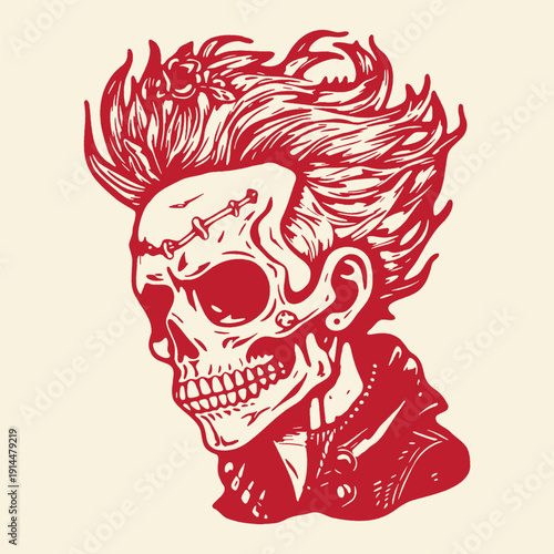 Punk rock skull with mohawk hairstyle, stitched forehead, and leather jacket, red illustration representing rebellion and counterculture