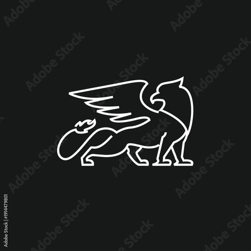White Line Art Illustration of a Majestic Griffin on a Black Background design template