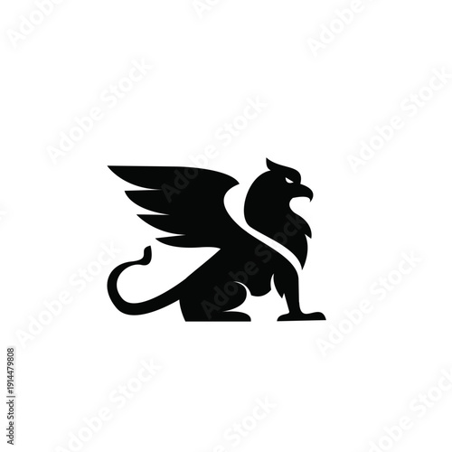 Powerful Black Griffin Silhouette Logo. Mythological Creature Symbol with Spread Wings and Tail, Ideal for Heraldry and Brand Design.