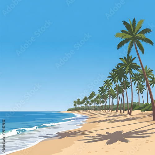 Tropical Beach with Palm Trees along Seashore
