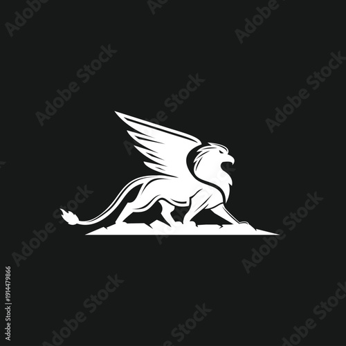 White Griffin Silhouette Vector Illustration. Mythical winged creature standing in a powerful stance, symbolizing strength, wisdom, and majesty, on a dark background.