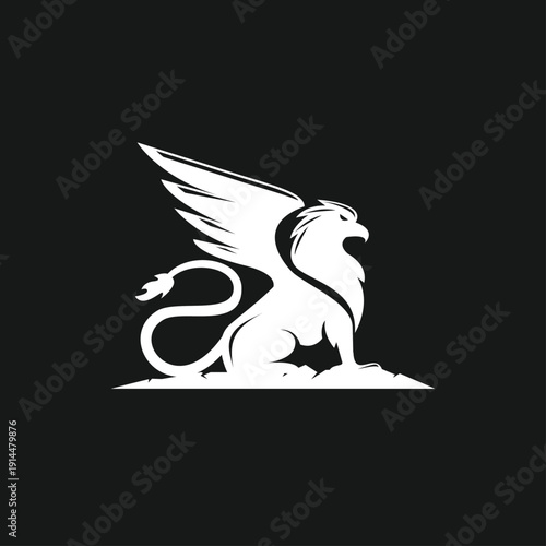 Minimalist White Griffin Mythical Creature Logo Vector Illustration on Black Background template