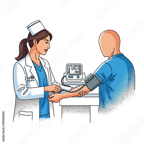 Nurse checking patient's blood pressure with sphygmomanometer