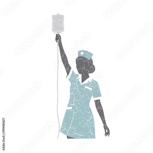 Nurse holding IV drip bag, symbolic, vintage style