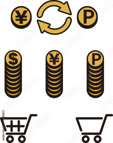 Money and Business Icon Set. Illustrations for Online Shopping, Point Exchange, and Cashless Payment