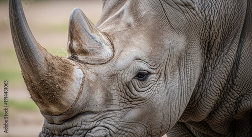 Rhinoceros standing in open savanna, showing massive body and distinctive horn. A large herbivorous mammal known for thick skin, strength, and importance in wildlife conservation.