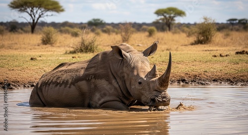 Rhinoceros standing in open savanna, showing massive body and distinctive horn. A large herbivorous mammal known for thick skin, strength, and importance in wildlife conservation.