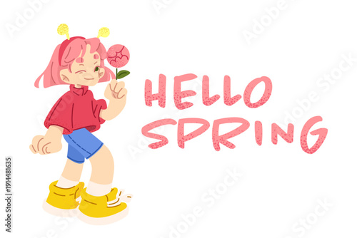 Hello Spring Girl Illustration