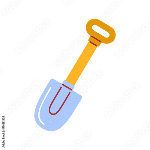 Illustration of a small garden trowel with a blue blade and yellow handle. The object is shown at an angle on a neutral background. The design represents gardening and planting tools.