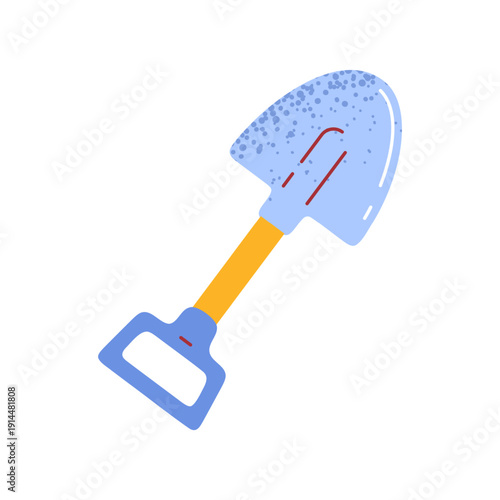 Illustration of a small garden shovel with a blue blade and yellow handle. The object is shown at an angle on a neutral background. The design represents gardening and planting tools.