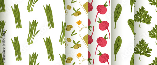 Seamless vegetable pattern set featuring onion, olive, radish, spinach and parsley motifs. The collection presents fresh food illustrations in a cohesive style.