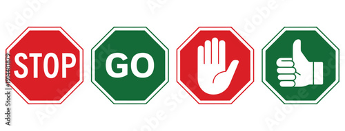 Stop and go vector icon collection, featuring stop and go signs, red and green traffic symbols, ideal for road safety, traffic management, city planning, driver education