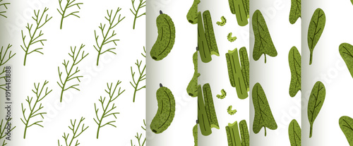 Seamless pattern set featuring green vegetables and herbs including dill, cucumber and celery. The collection presents cohesive botanical food designs in a natural style.