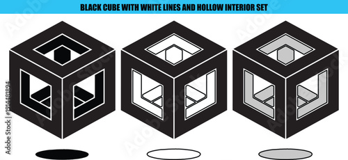 Black cubes with white lines and hollow interiors