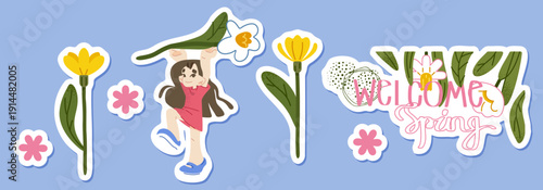 Spring sticker set with girl holding large flower and decorative floral elements. Flat illustration expressing seasonal greeting, freshness and joyful spring mood.
