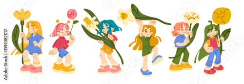 Stylized characters with flowers in cartoon flat style. Playful figures interacting with blooming plants, soft pastel colors and expressive poses for spring and nature themed design.