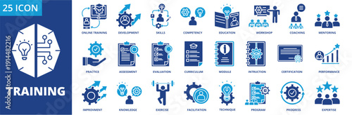 Training icon collection set. Containing  learning, online training , development,  skills, competency, education, workshop, coaching,mentoring, practice, assessment. dual tone vector.